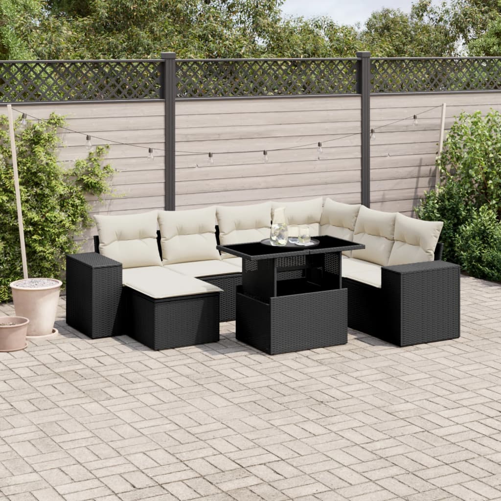 8 pcs conjunto sofás de jardim com almofadões vime PE preto