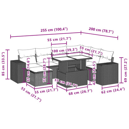 8 pcs conjunto de sofás p/ jardim com almofadões vime PE bege