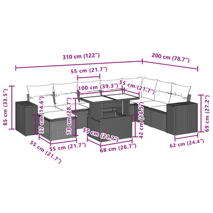 9 pcs conjunto de sofás p/ jardim com almofadões vime PE bege