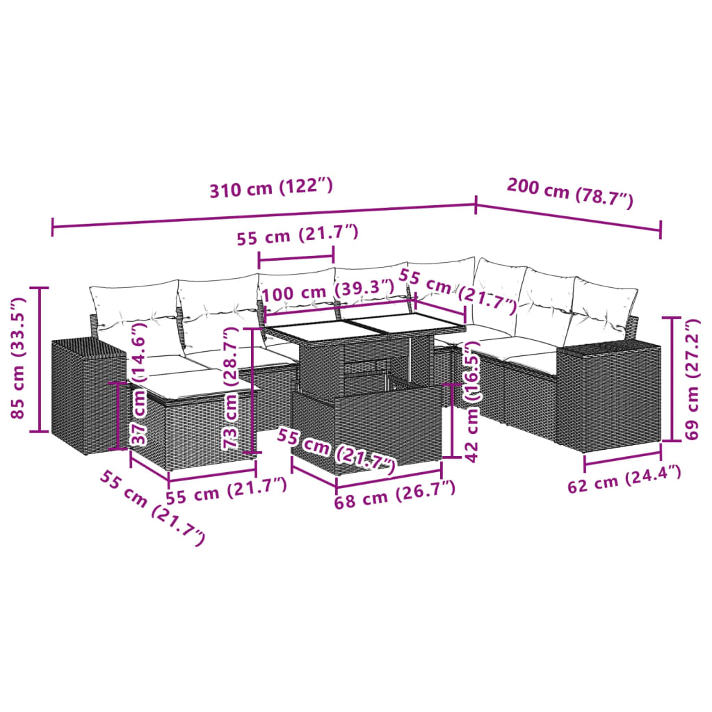 9 pcs conjunto sofás p/ jardim com almofadões vime PE cinzento