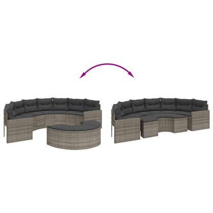 2 pcs conjunto de sofás de jardim semicircular vime PE cinzento