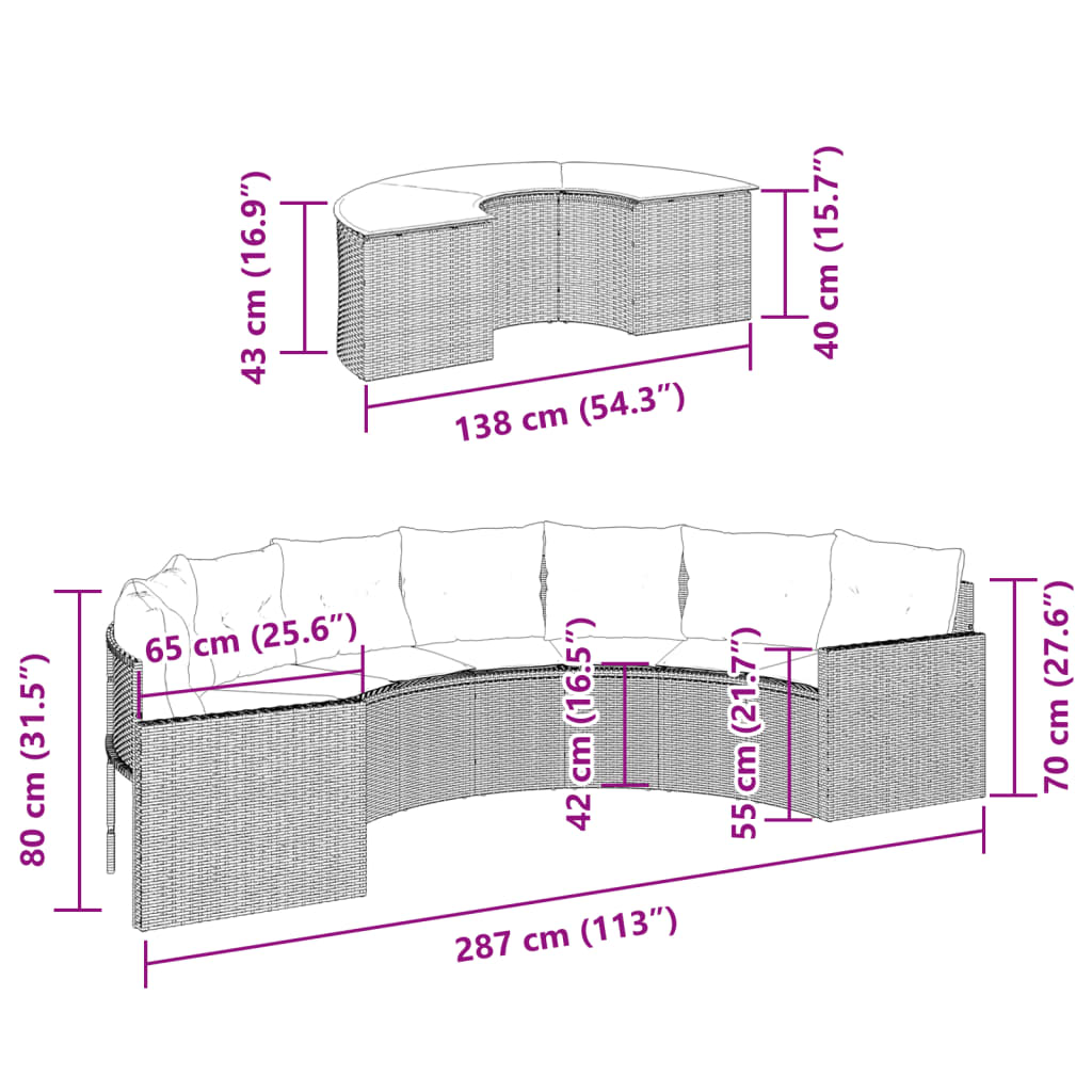 2 pcs conjunto de sofás de jardim semicircular vime PE cinzento