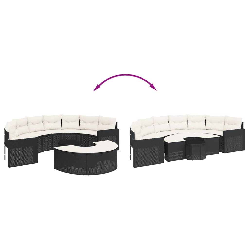 3 pcs conjunto de sofás de jardim semicircular vime PE preto