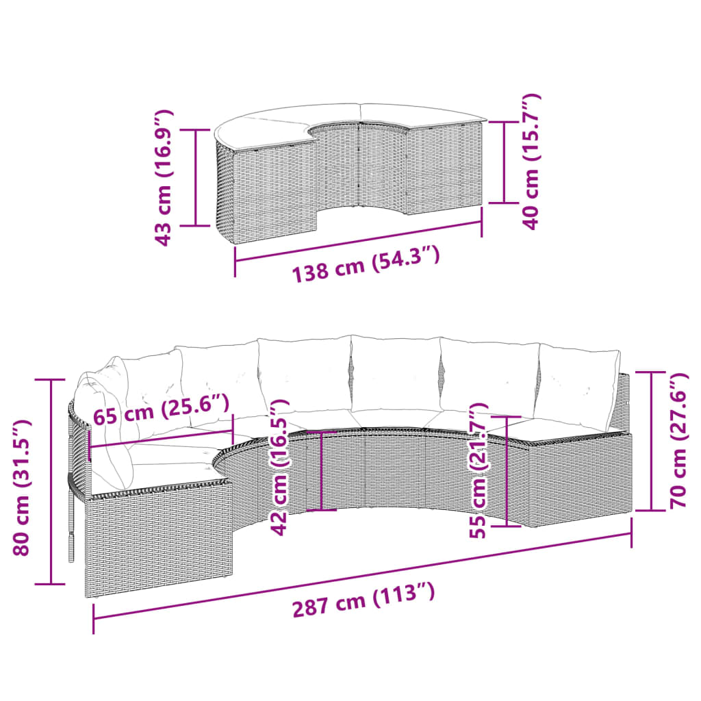 2 pcs conjunto de sofás de jardim semicircular vime PE cinzento