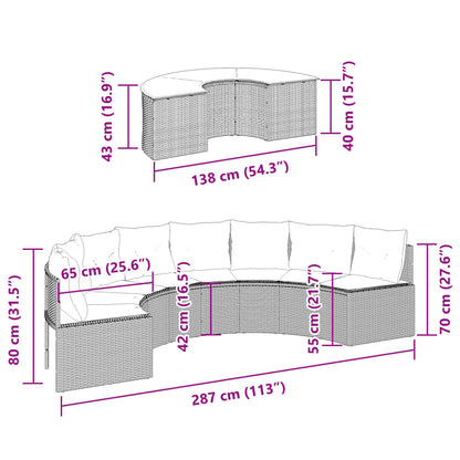 2 pcs conjunto de sofás de jardim semicircular vime PE cinzento