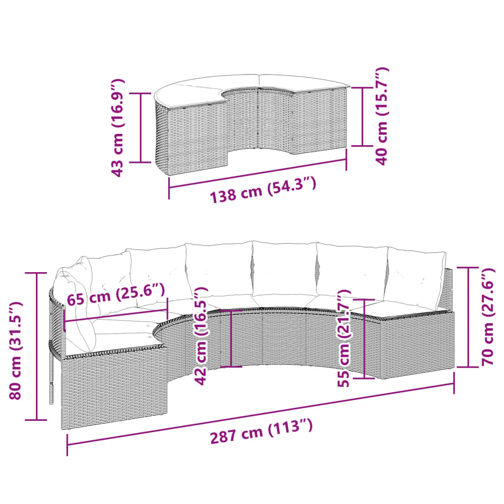 2 pcs conjunto de sofás de jardim semicircular vime PE bege