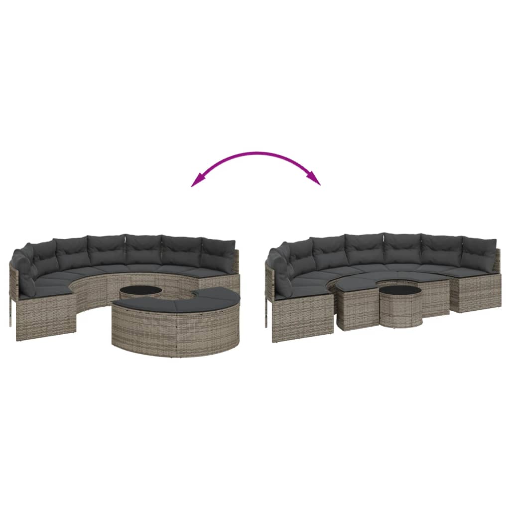 3 pcs conjunto de sofás de jardim semicircular vime PE cinzento