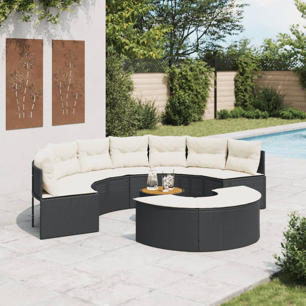 3 pcs conjunto de sofás de jardim semicircular vime PE preto