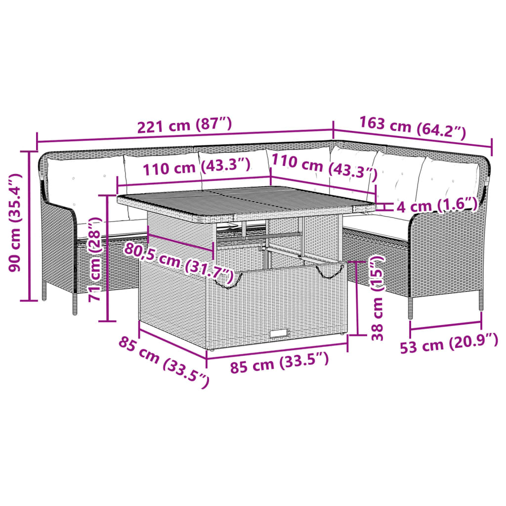 2 pcs conjunto de sofás p/ jardim com almofadões vime PE bege