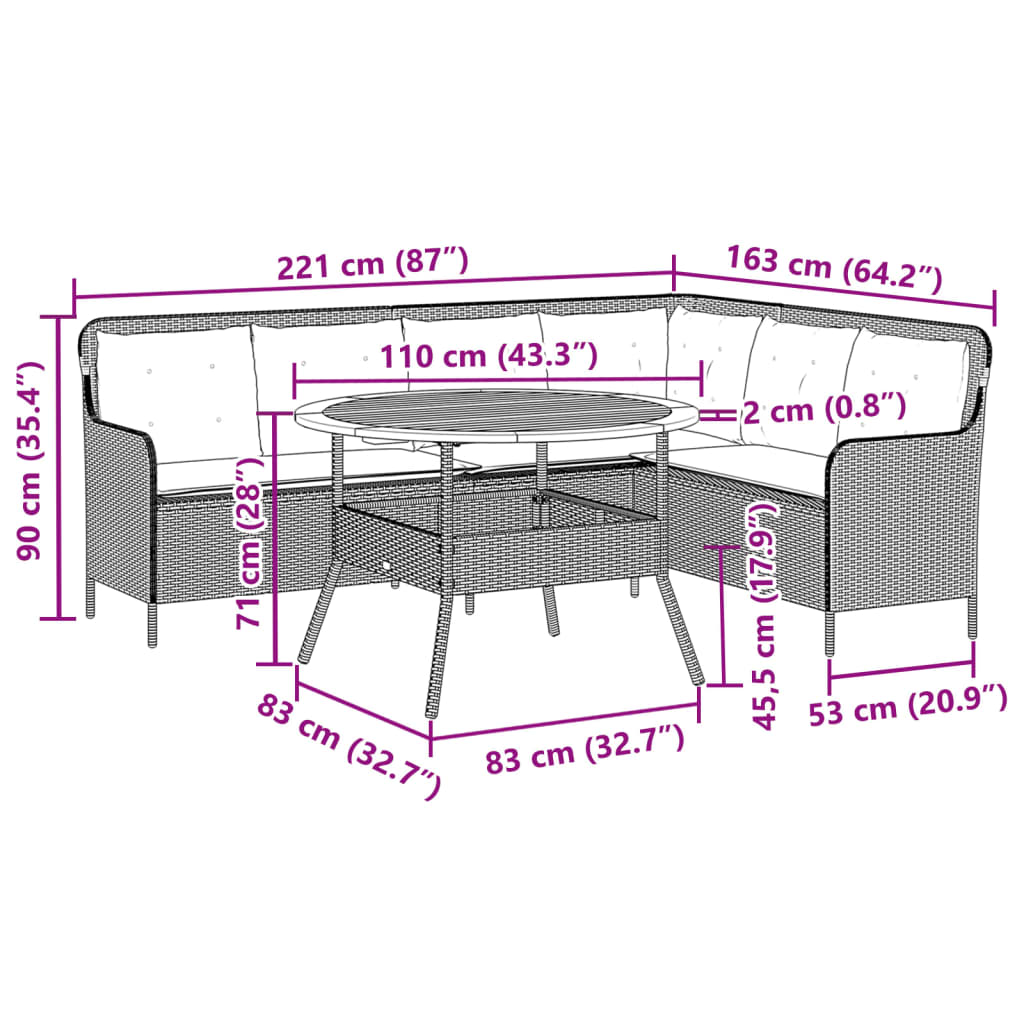 2 pcs conjunto sofás de jardim com almofadões vime PE preto