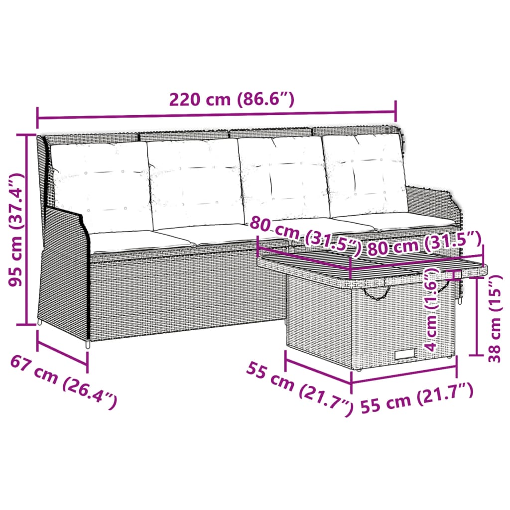 3 pcs conjunto lounge de jardim com almofadões vime PE bege