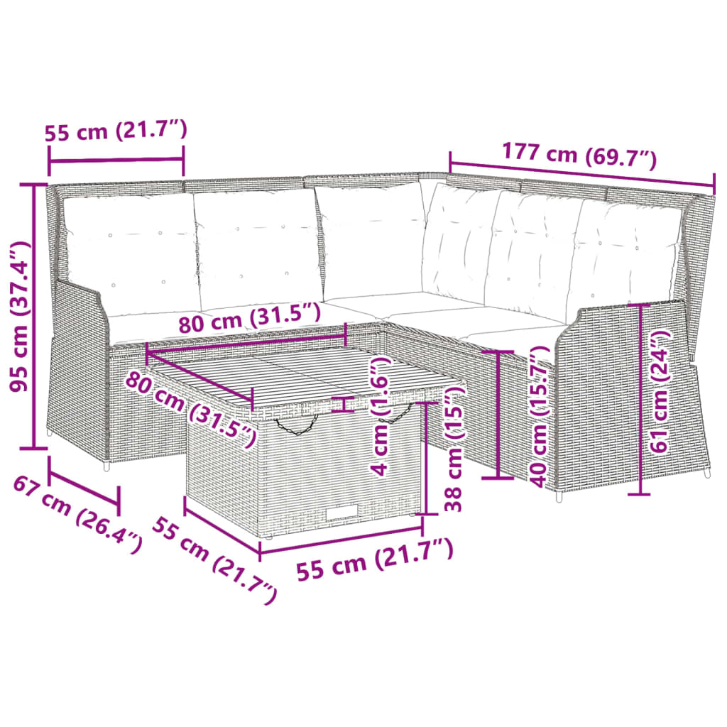 4 pcs conjunto lounge de jardim c/ almofadões vime PE cinzento