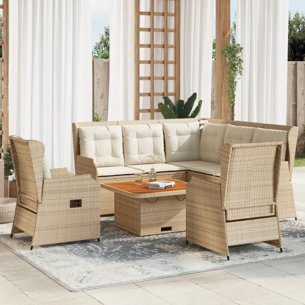 5 pcs conjunto lounge p/ jardim com almofadões vime PE bege