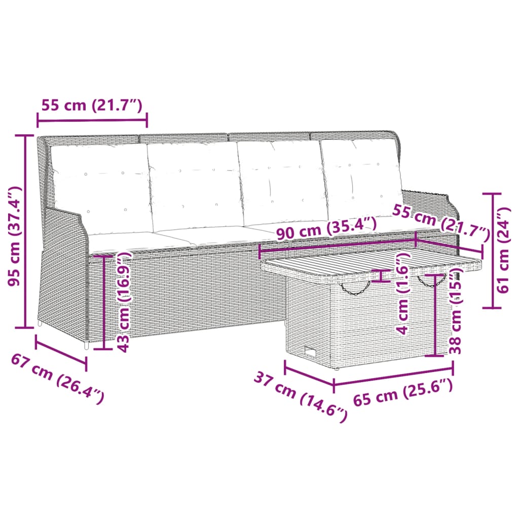 3 pcs conjunto lounge de jardim c/ almofadões vime PE cinzento