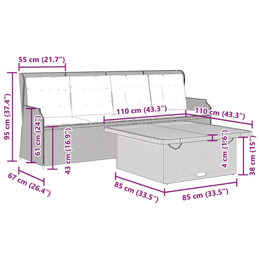 3 pcs conjunto sofás de jardim com almofadões vime PE preto