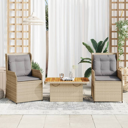 3 pcs conjunto lounge de jardim com almofadões vime PE bege