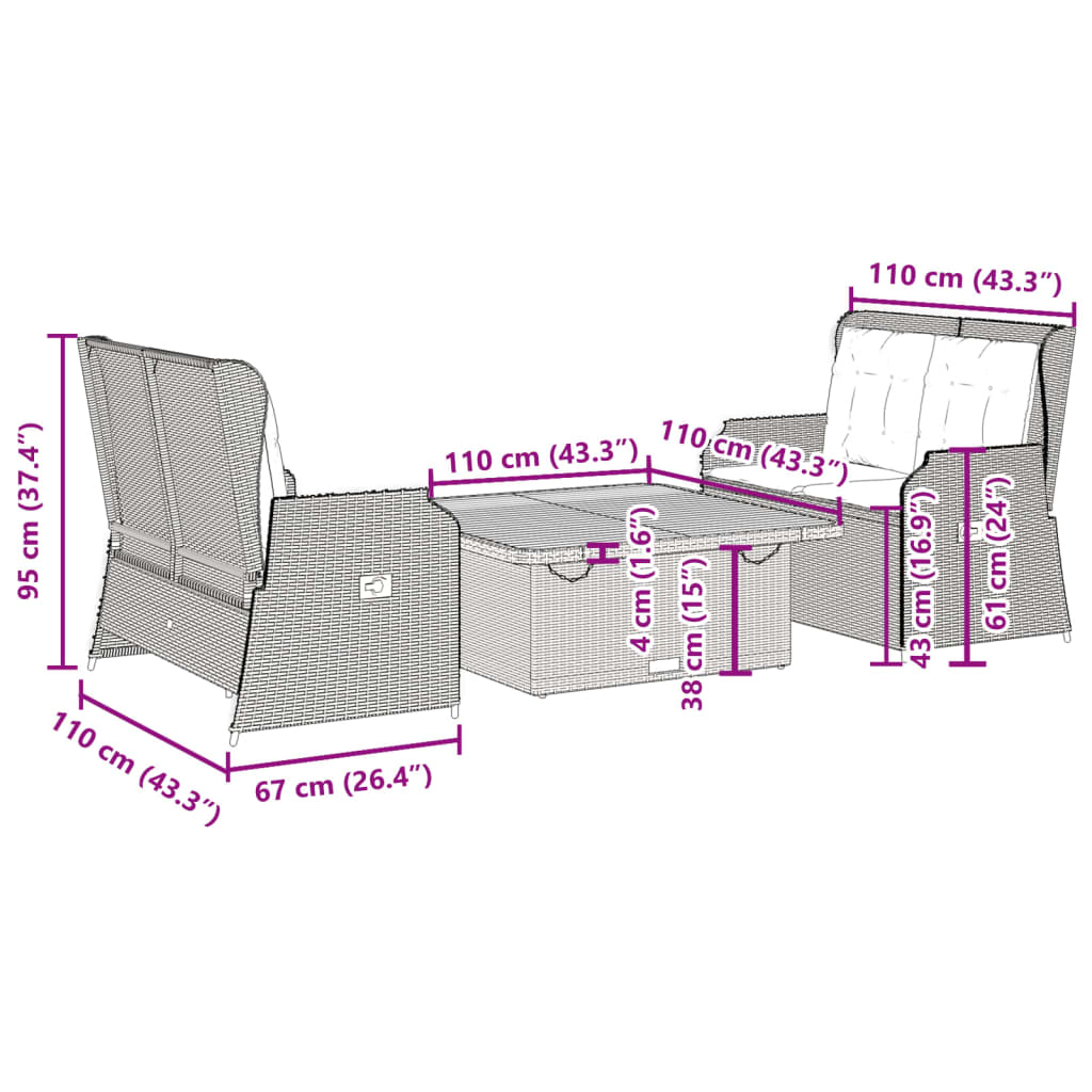 3 pcs conjunto lounge de jardim c/ almofadões vime PE cinzento