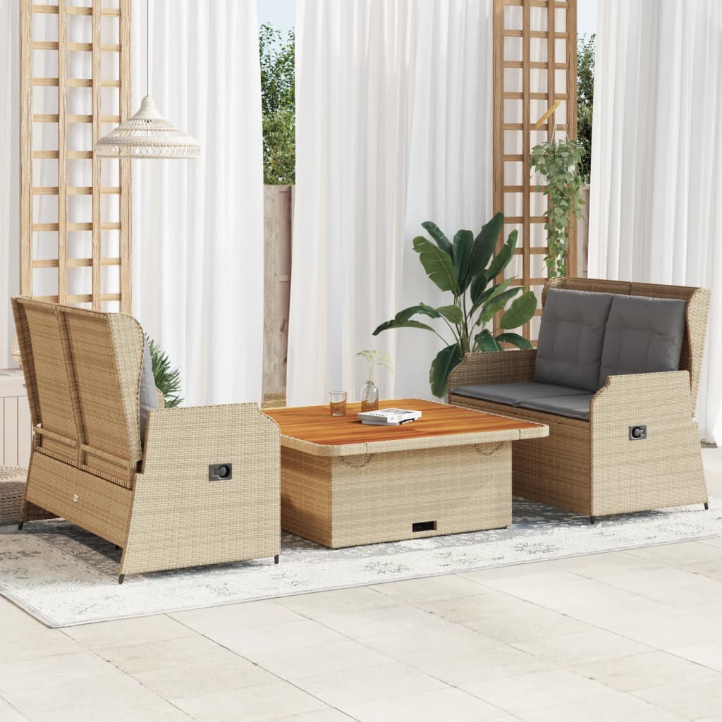 3 pcs conjunto lounge de jardim com almofadões vime PE bege