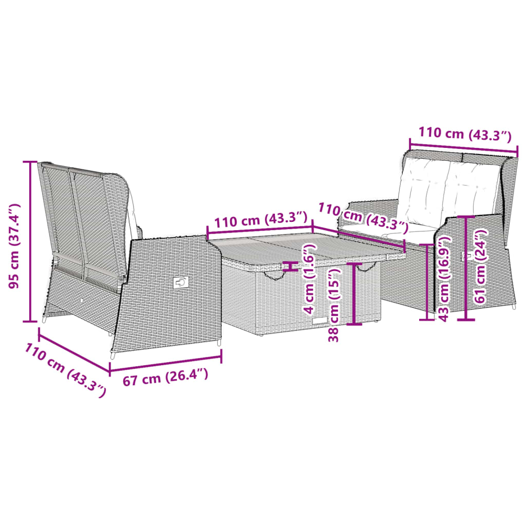 3 pcs conjunto lounge de jardim com almofadões vime PE bege