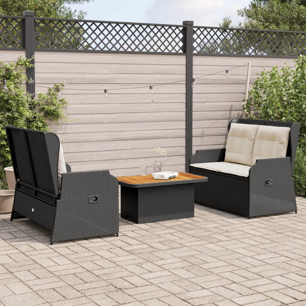 3 pcs conjunto lounge de jardim c/ almofadões vime PE preto