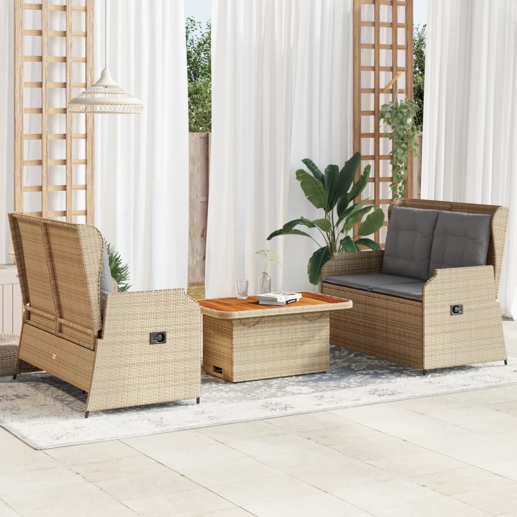 3 pcs conjunto lounge de jardim com almofadões vime PE bege