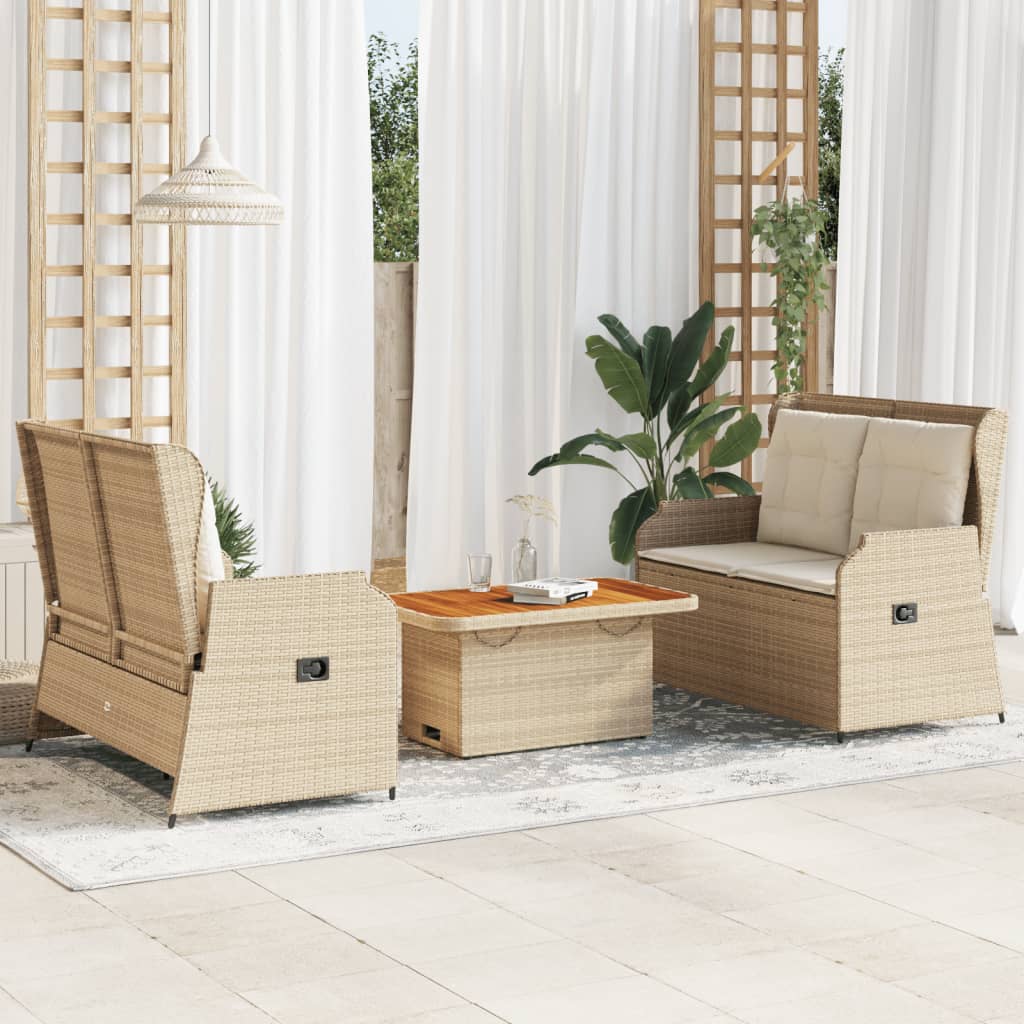 3 pcs conjunto lounge de jardim com almofadões vime PE bege