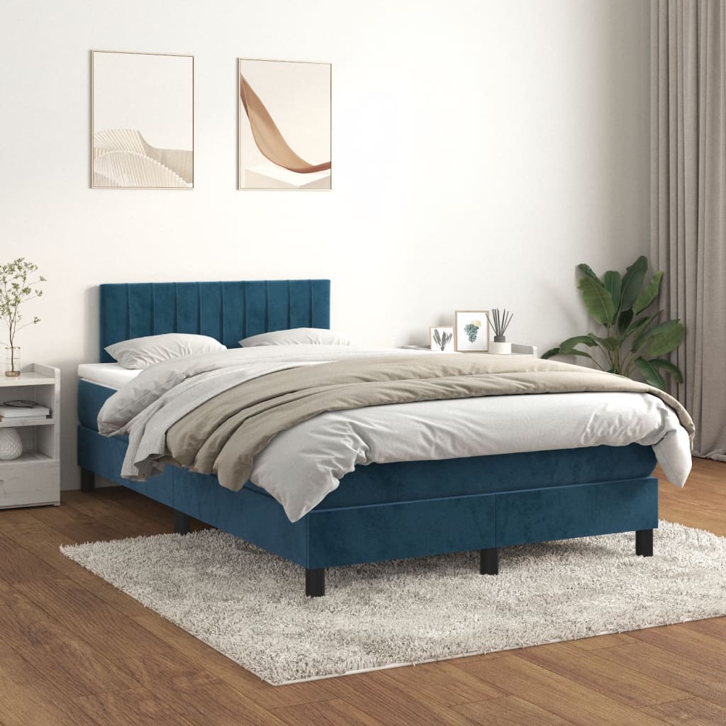 Cama boxspring com colchão 120x190 cm veludo azul-escuro