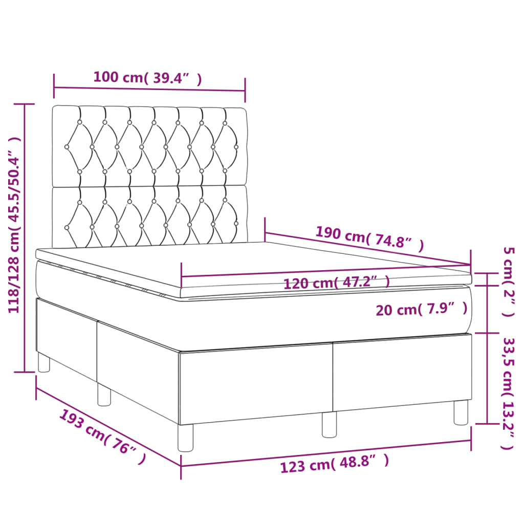 Cama boxspring com colchão 120x190 cm veludo cinzento-escuro