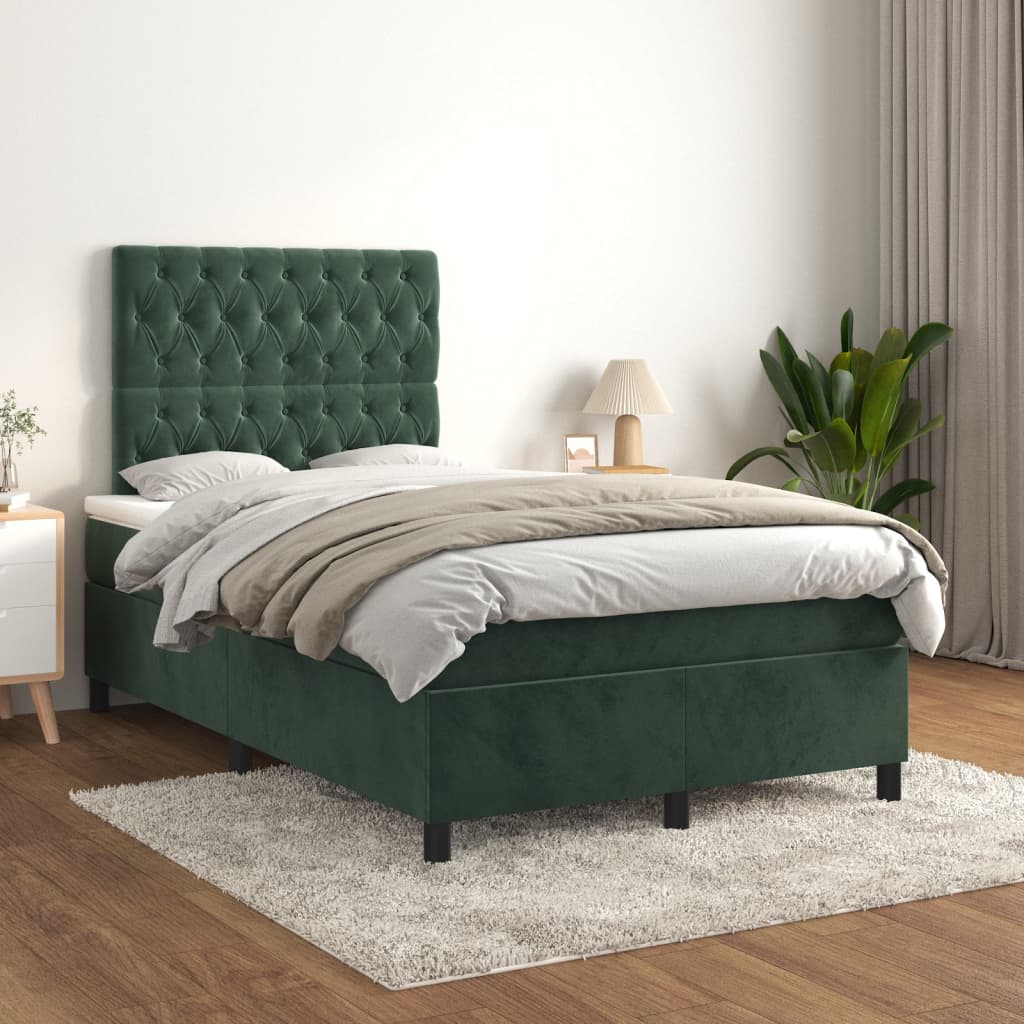 Cama boxspring com colchão 120x190 cm veludo verde-escuro