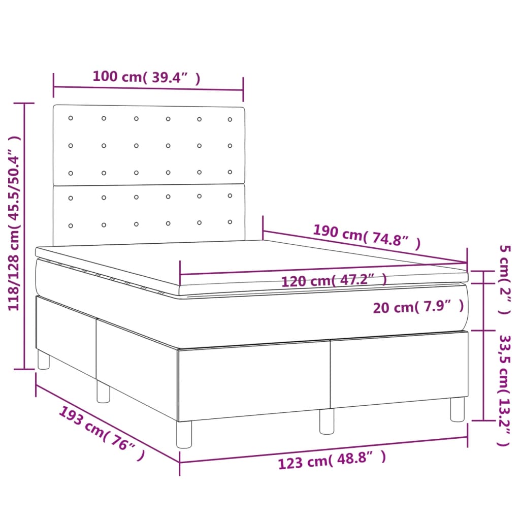 Cama boxspring com colchão 120x190 cm veludo azul-escuro