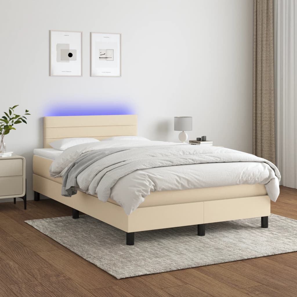 Cama box spring c/ colchão e LED 120x190 cm tecido cor creme