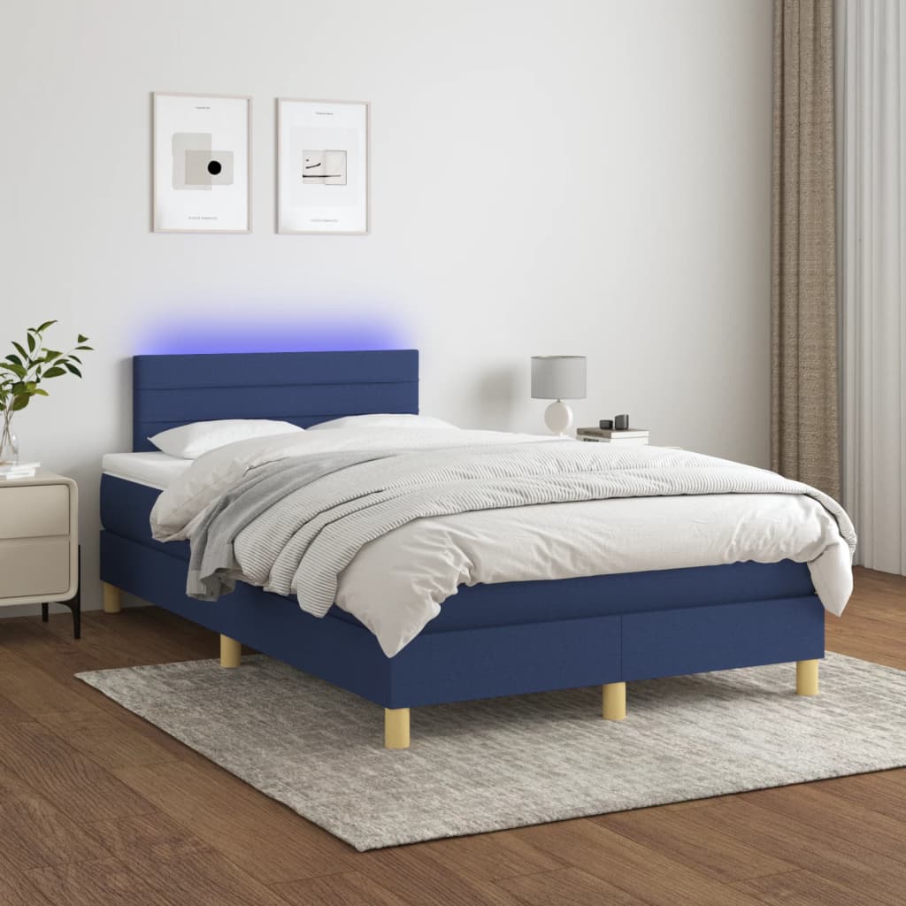 Cama box spring c/ colchão e LED 120x190 cm tecido azul