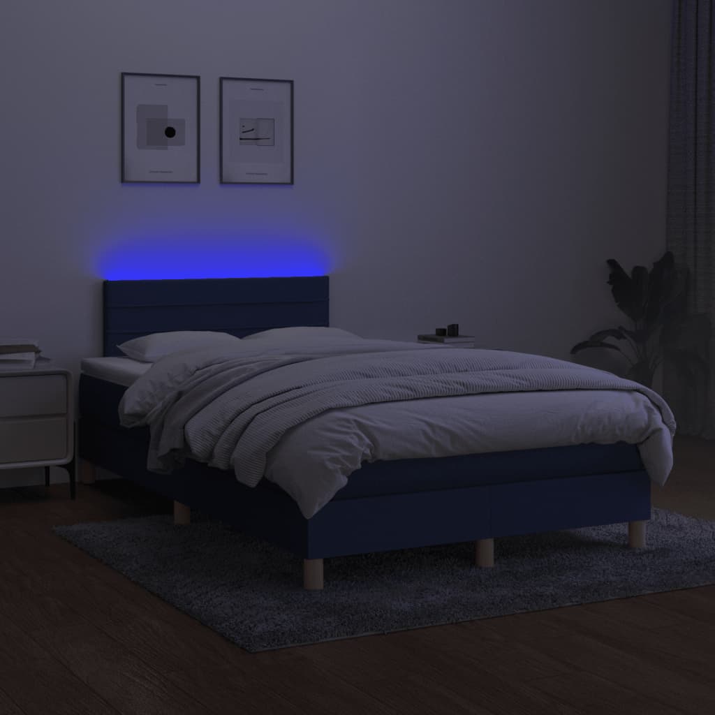 Cama box spring c/ colchão e LED 120x190 cm tecido azul