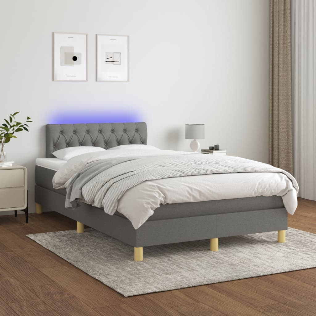 Cama box spring c/ colchão e LED 120x190 cm tecido cinza-escuro