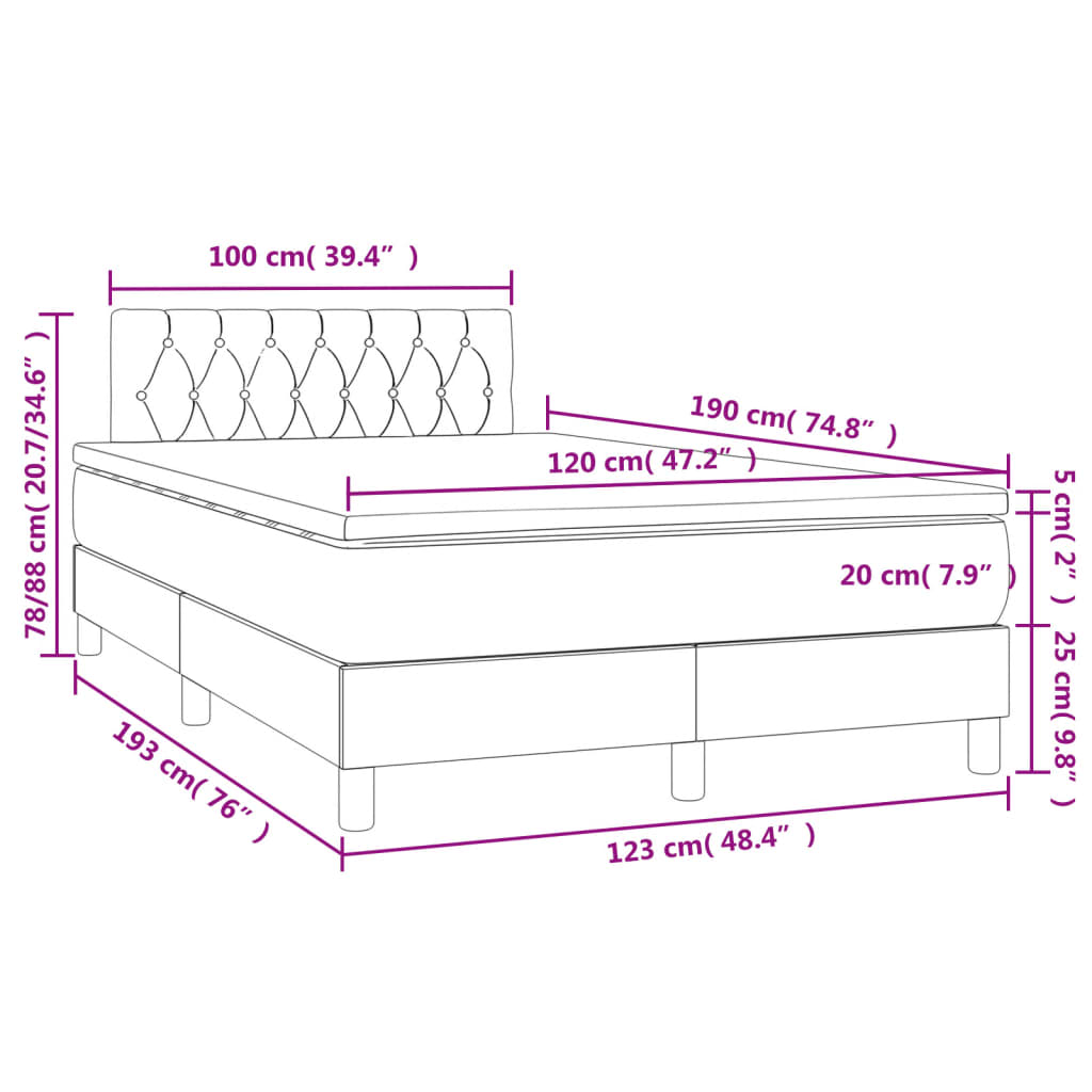 Cama box spring c/ colchão e LED 120x190 cm tecido cor creme