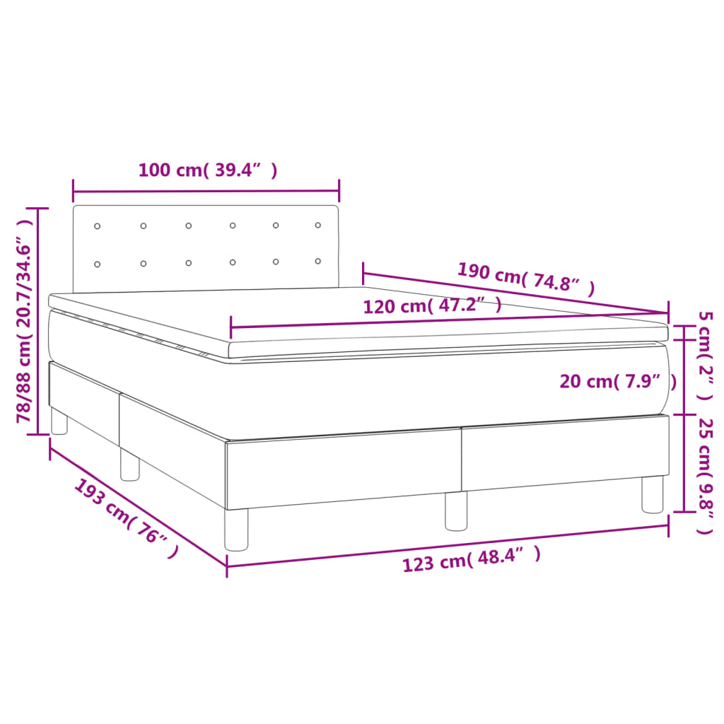 Cama box spring colchão/LED 120x190cm tecido cinza-acastanhado