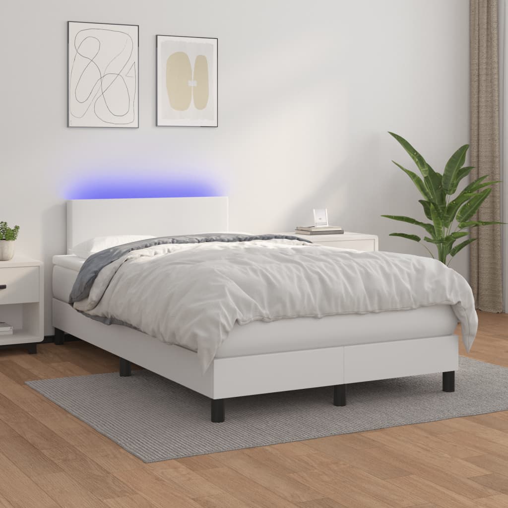 Cama box spring c/colchão/LED 120x190cm couro artificial branco