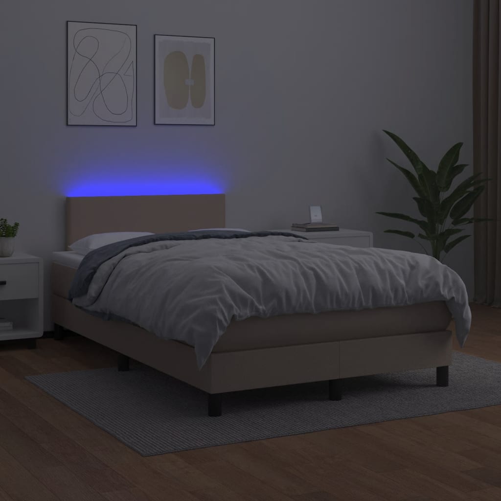 Cama box spring c/colchão/LED 120x190cm couro artif. cappuccino