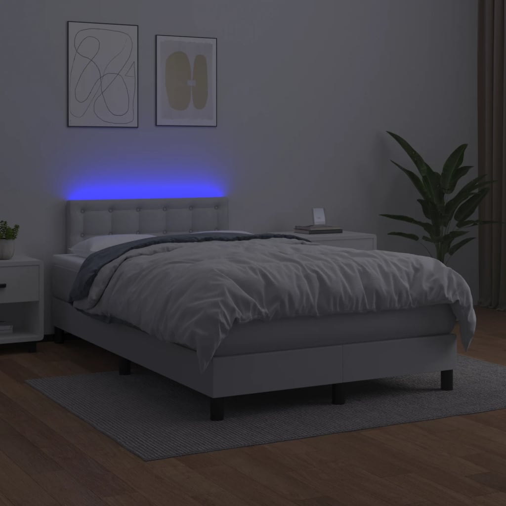 Cama box spring c/colchão/LED 120x190cm couro artificial branco