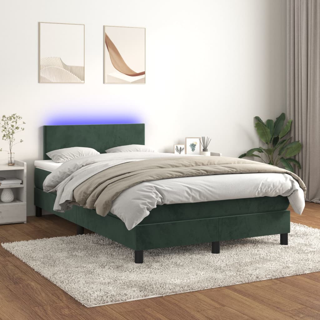 Cama box spring com colchão e luzes LED veludo verde-escuro