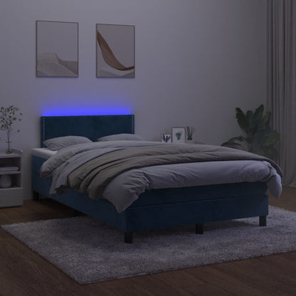 Cama box spring colchão LED 120x190cm couro artif. azul-escuro