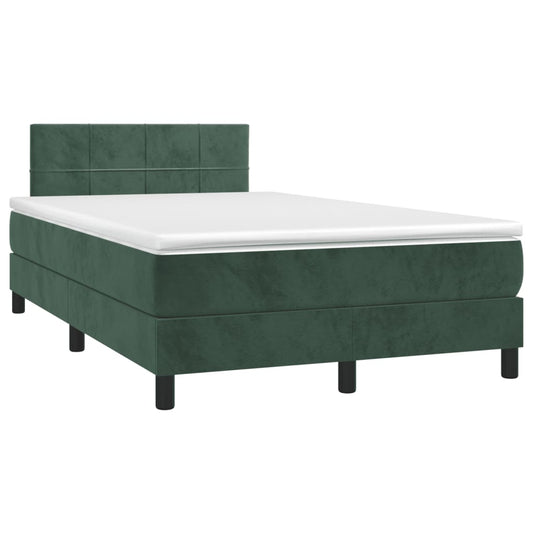 Cama box spring com colchão e luzes LED veludo verde-escuro