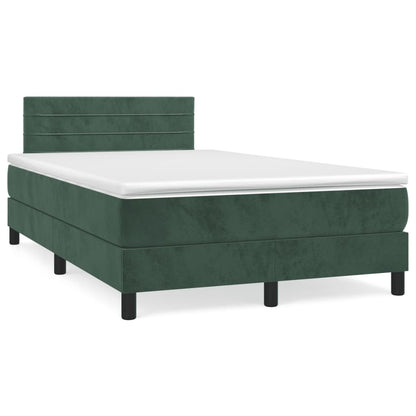 Cama box spring com colchão e luzes LED veludo verde-escuro