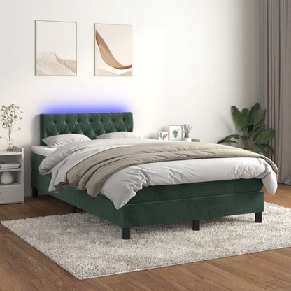 Cama box spring com colchão e luzes LED veludo verde-escuro