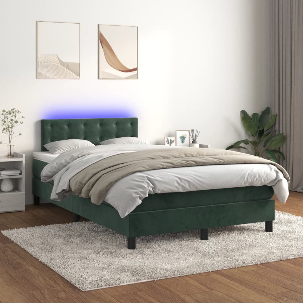 Cama box spring com colchão e luzes LED veludo verde-escuro