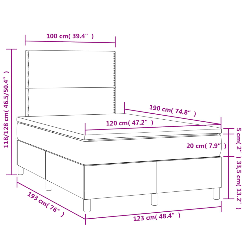 Cama box spring c/ colchão/LED 120x190cm tecido castanho-escuro