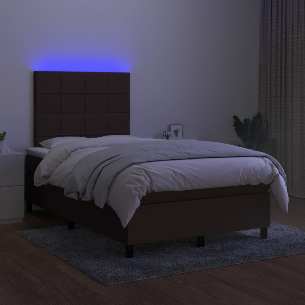 Cama box spring c/ colchão/LED 120x190cm tecido castanho-escuro