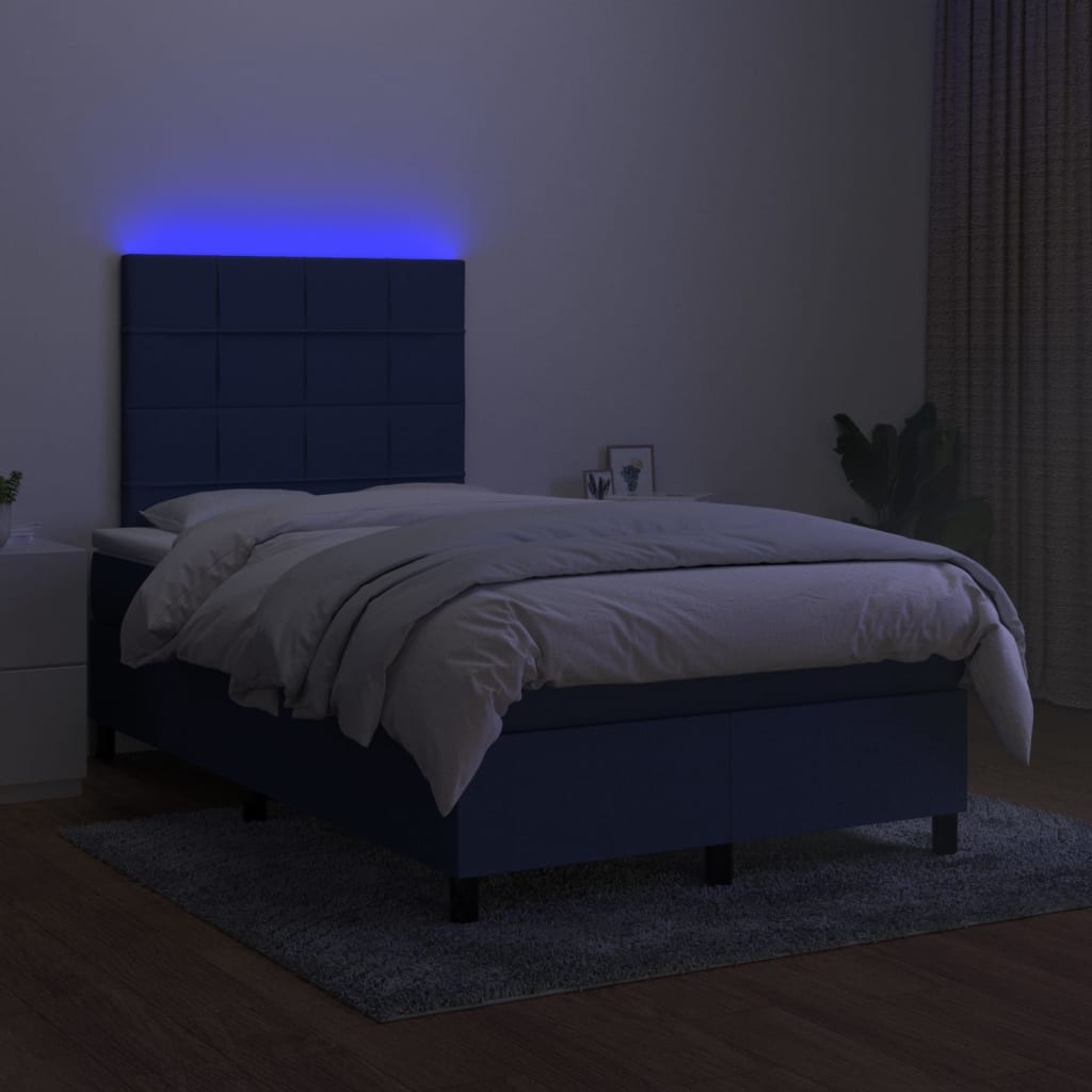 Cama box spring c/ colchão e LED 120x190 cm tecido azul