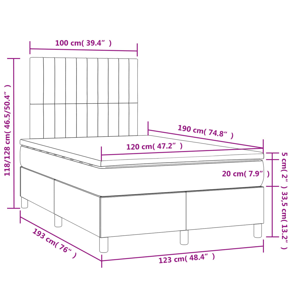 Cama box spring c/ colchão e LED 120x190 cm tecido cinza-claro