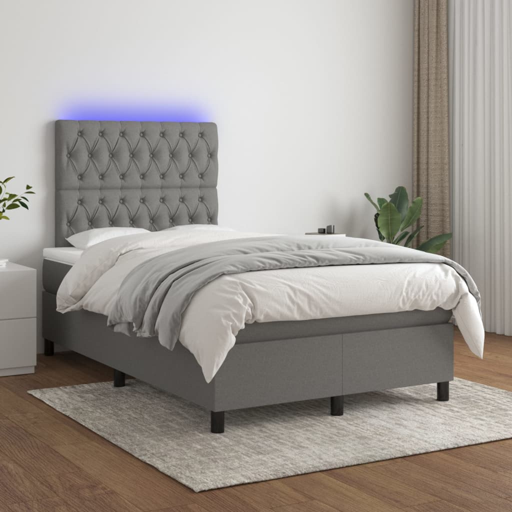 Cama box spring c/ colchão e LED 120x190 cm tecido cinza-escuro